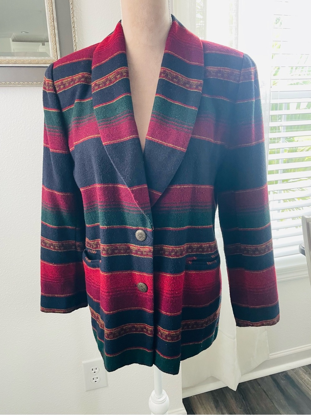 Petite Sophisticate Striped Shawl Collar Jacket in Red and Green & Dark Blue, S